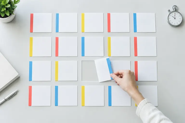 Grille de cartes papier colorées organisées comme un programme de diffusion Discover