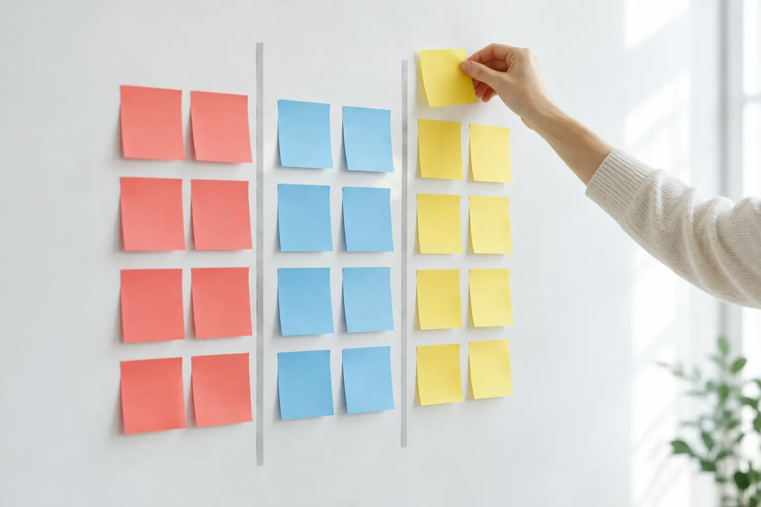 Mur de notes colorées pour trouver et organiser des sujets pour Google Discover selon la méthode de Julien Jimenez
