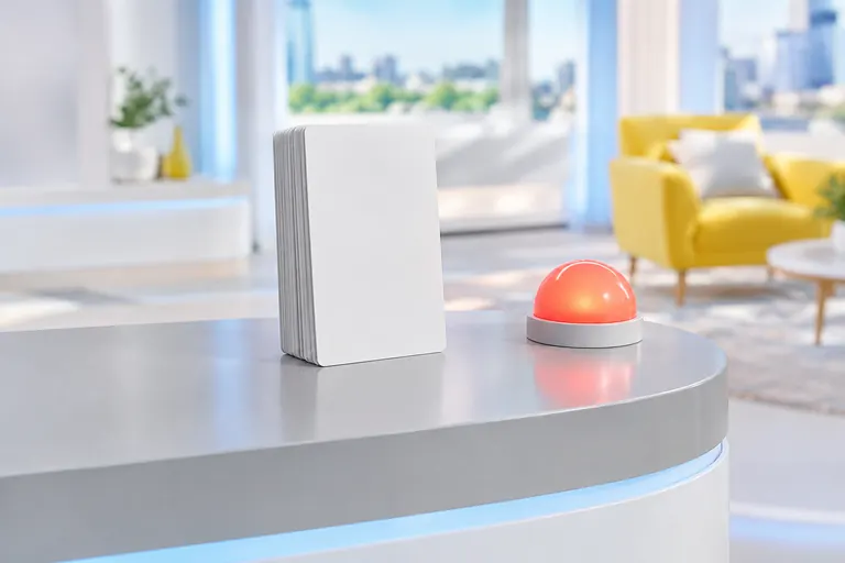 Plateau de studio lumineux avec une pile de cartes verticales évoquant le flux Discover